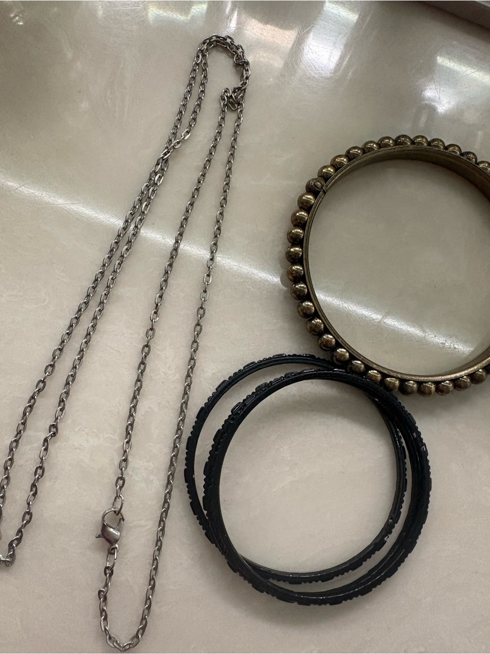 Black Textured Bangle Trio with Gold Beaded Accent - Women Jewelry Bracelet
